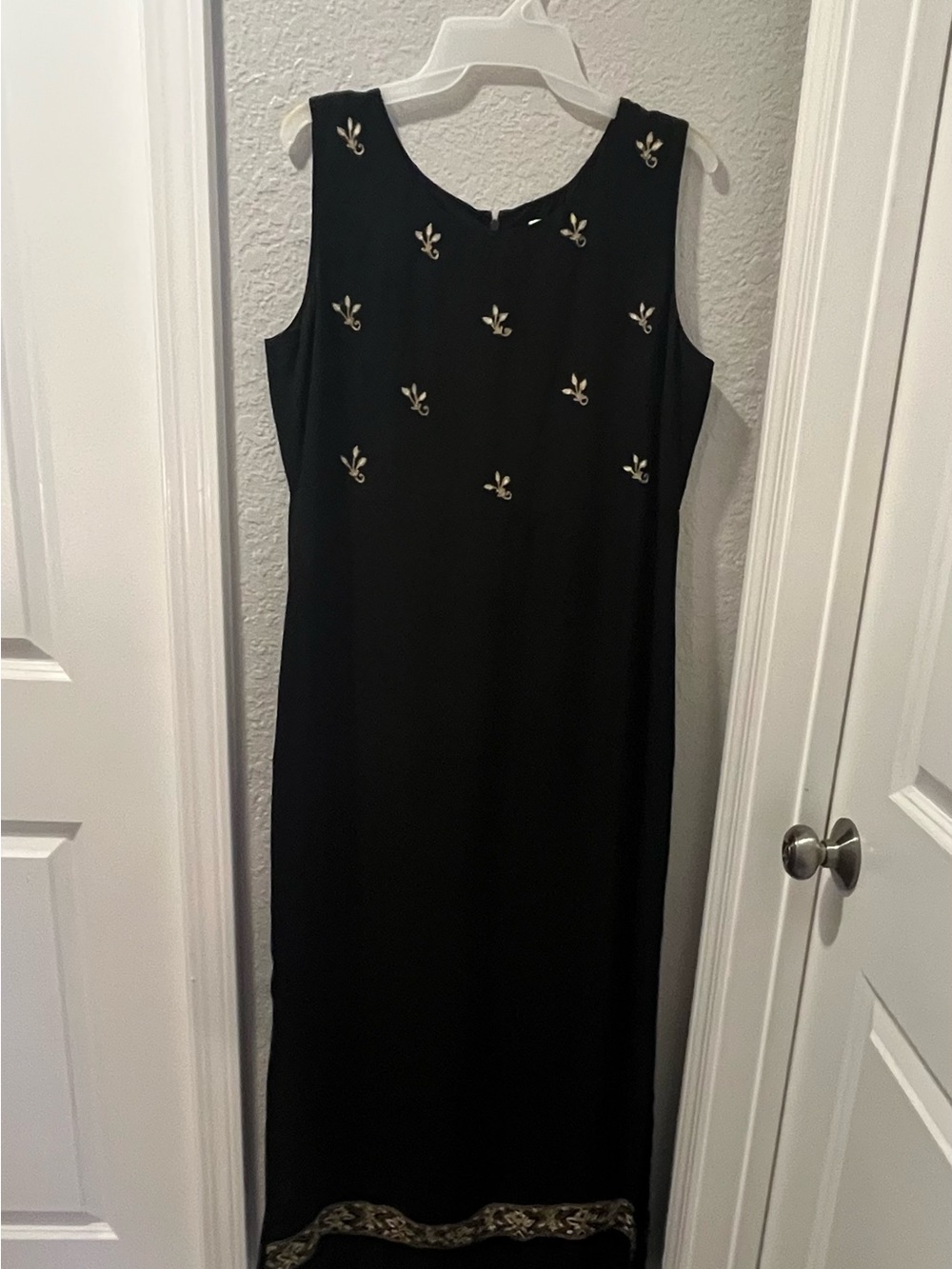 Emma James Black Midi Dress with Gold Embroidered Motifs